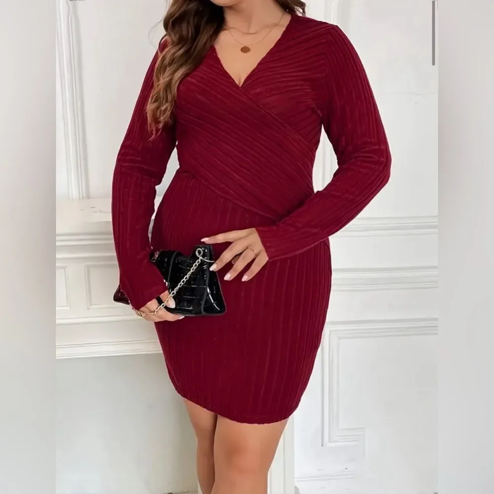 *30off3* Plus Size‎ Women's Solid Ribbed Long Sleeve Surplice Neck Casual Dress